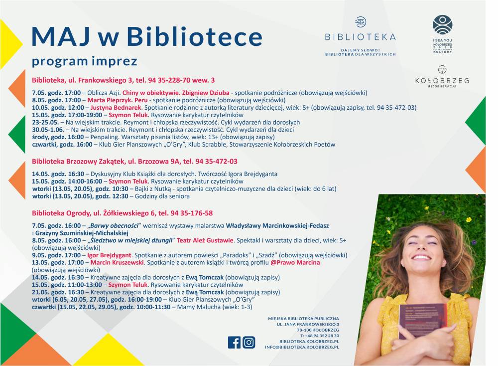 Plakat wydarzenia w maju w Bibliotece