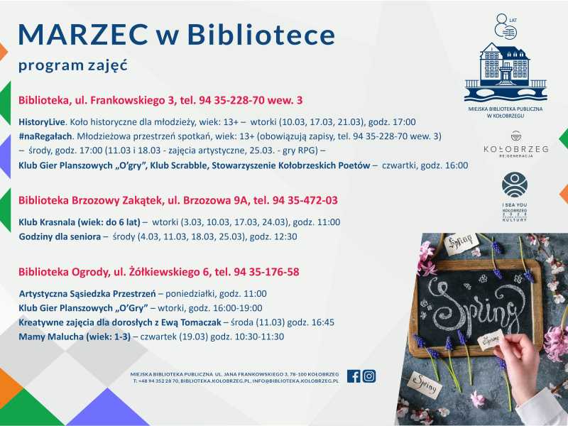 Plakat marzec w Bibliotece - zajęcia