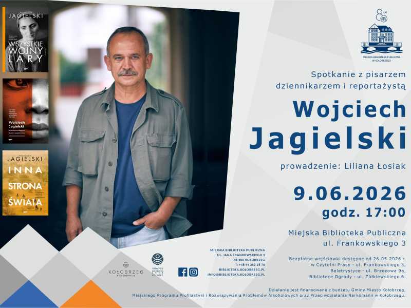 Grafika z informacją o spotkaniu z pisarzem Wojciechem Jagielskim