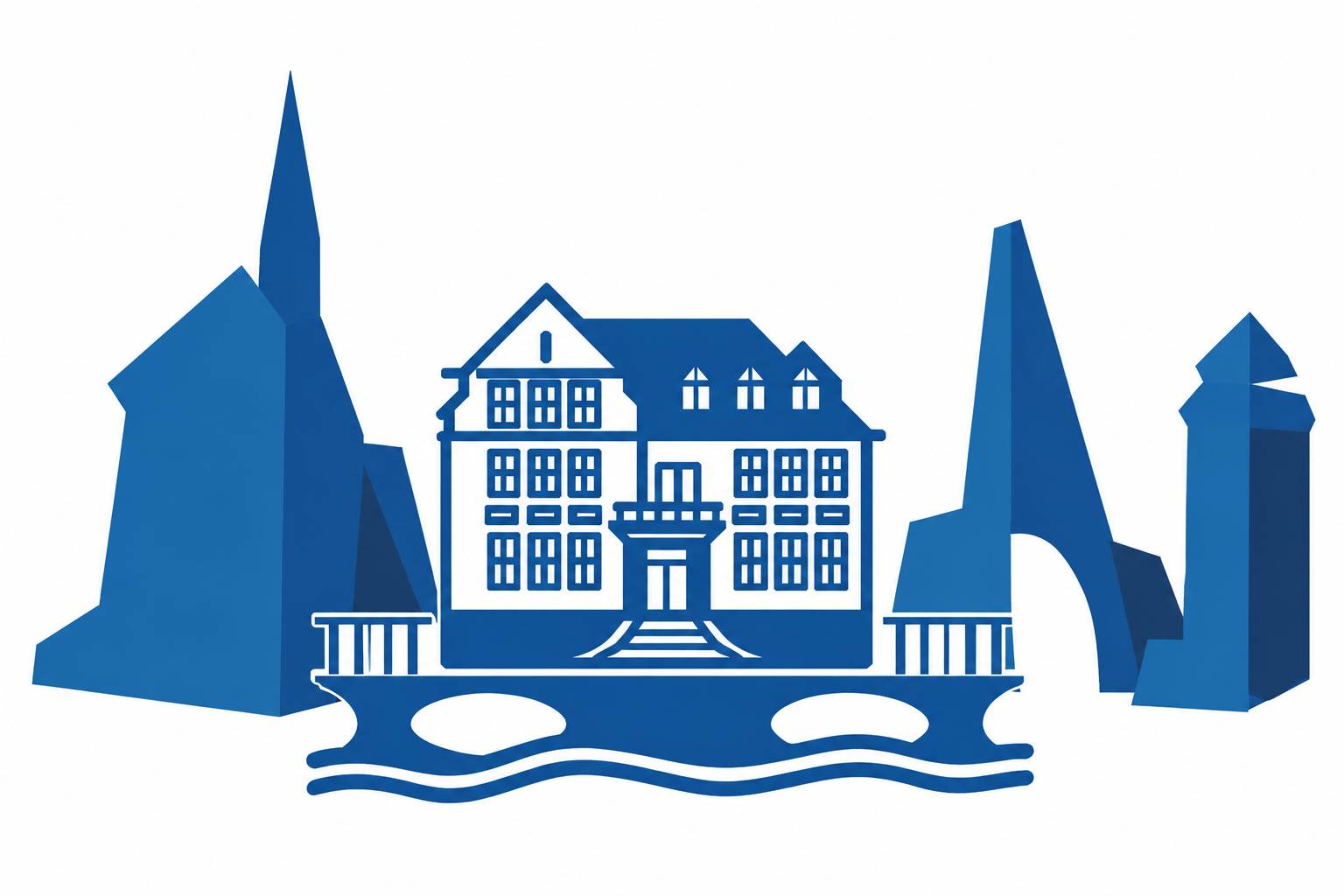Grafika ozdobna przedstawiający zarysy latarni morskiej, katedry, pomnika zaślubin, oraz biblioteki miejskiej